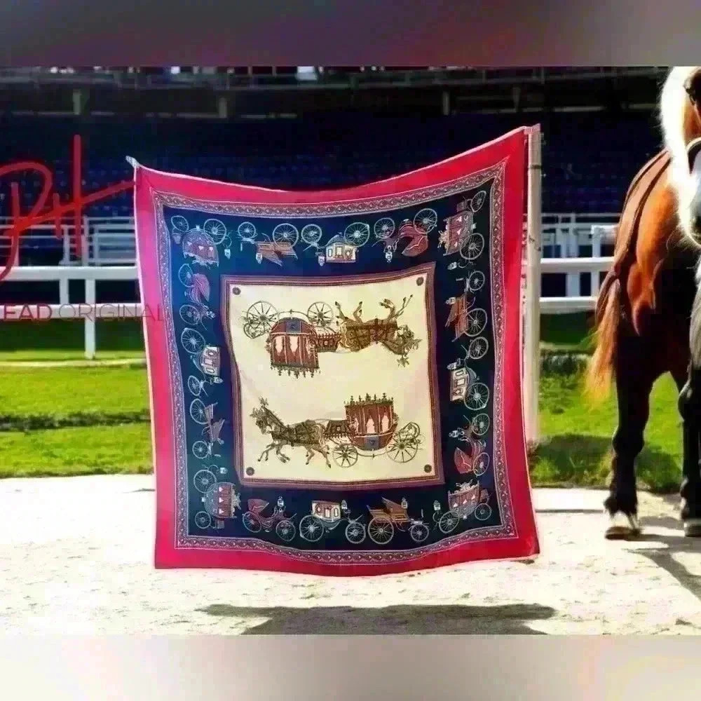 Lovely Silk equestrian carriage scarf. Size is 39x39 “ with red border. EUC